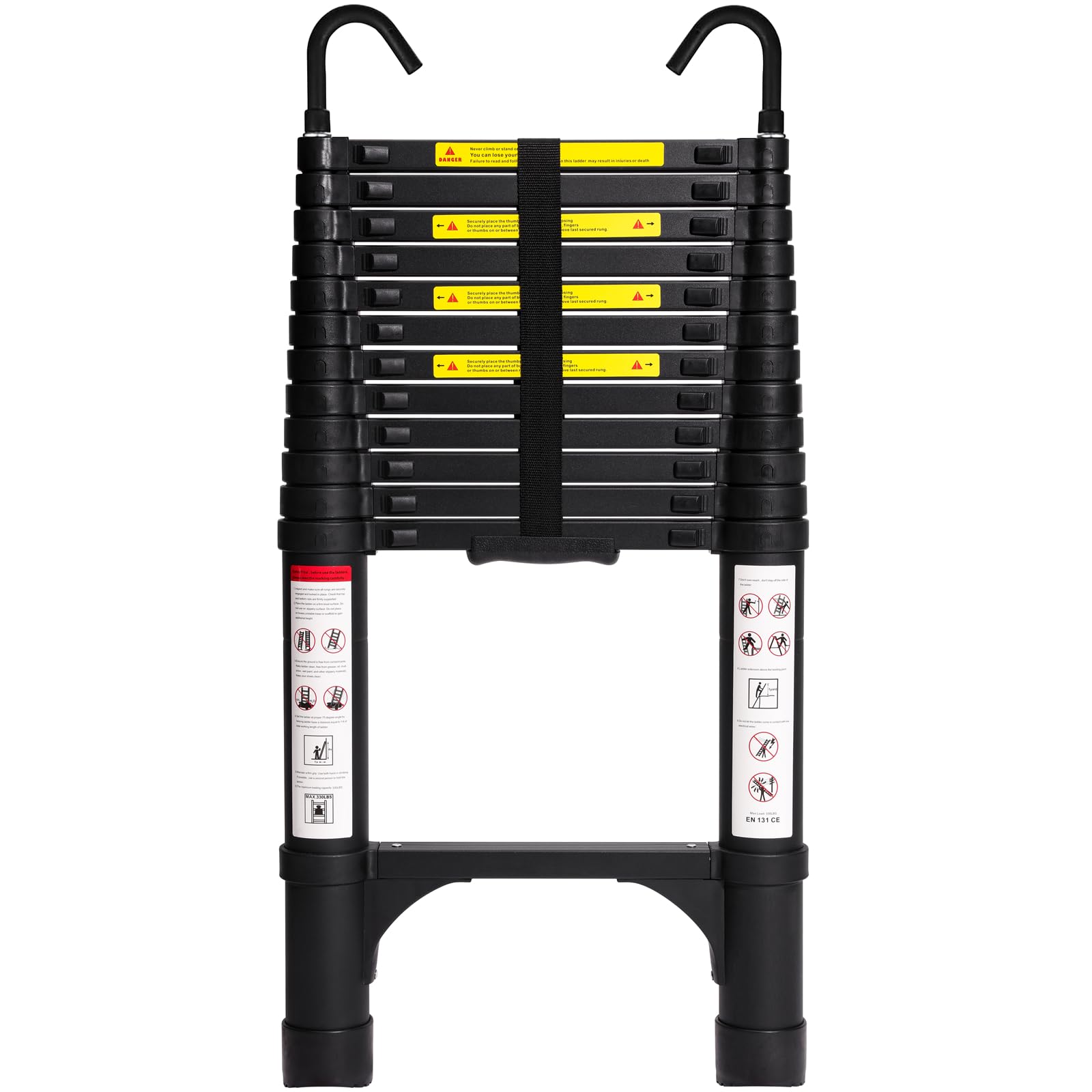 Photo 1 of BOCOM 12.5 FT Aluminum Telescoping Ladder with Hooks, Lightweight Multi-Purpose Collapsible Extension with 2 Triangle Stabilizers, Heavy Duty 330 lbs Max Capacity for Home, RV, and Outdoor Work Black