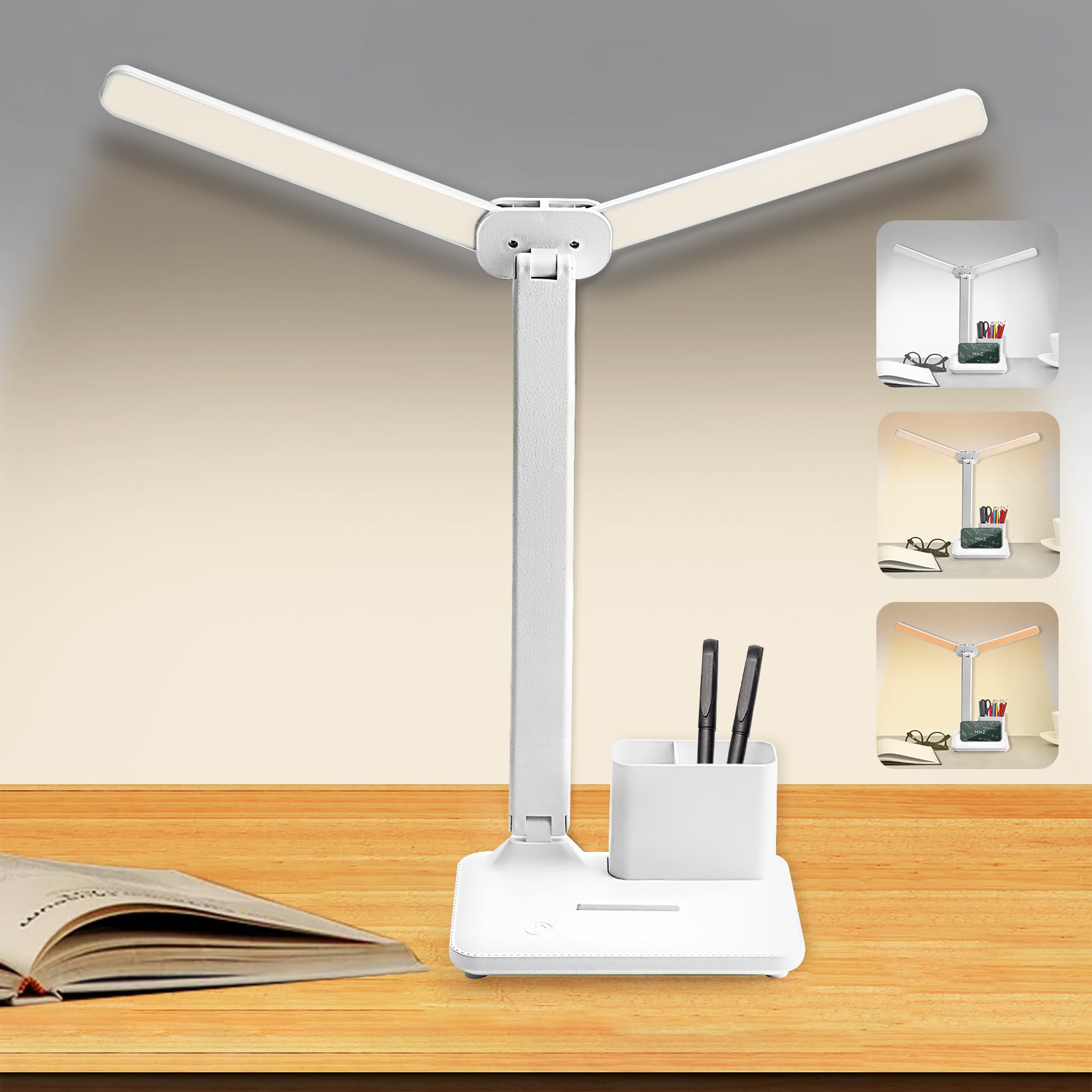KEWUZY Lampara LED Escritorio Cabeza Doble,3 Modos Regulable Brillo,Lampara Estudio 40 LED USB Blanco,Cuidado Ocular Flexo Escritorio Estudiar para Leer Oficina