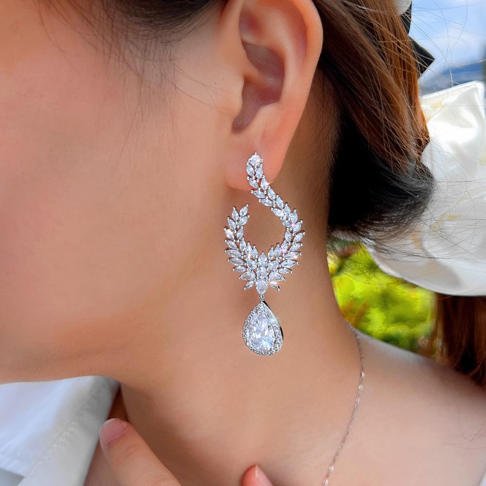 Luxury Long Dangle Water Drop Symmetrical Marquise Cubic Zirconia Wedding Party Earrings For Women Bridal Jewelry - Image 3