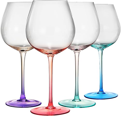 Khen Copas de vino de cristal de dos tonos sopladas a mano  Juego de 4 vasos en forma de globo azul, morado y rosa, color degradado vibrante único