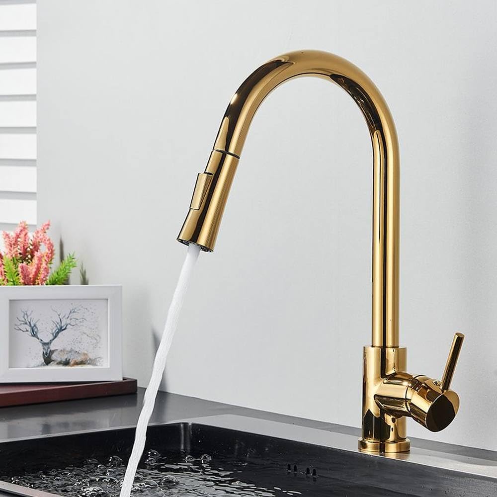 FCXWEVR Smart Touch Sensor Kitchen Faucet Matte Black Pull Out Mixer Tap with Double Water Mode Rotation Hot and Cold Crane Gold