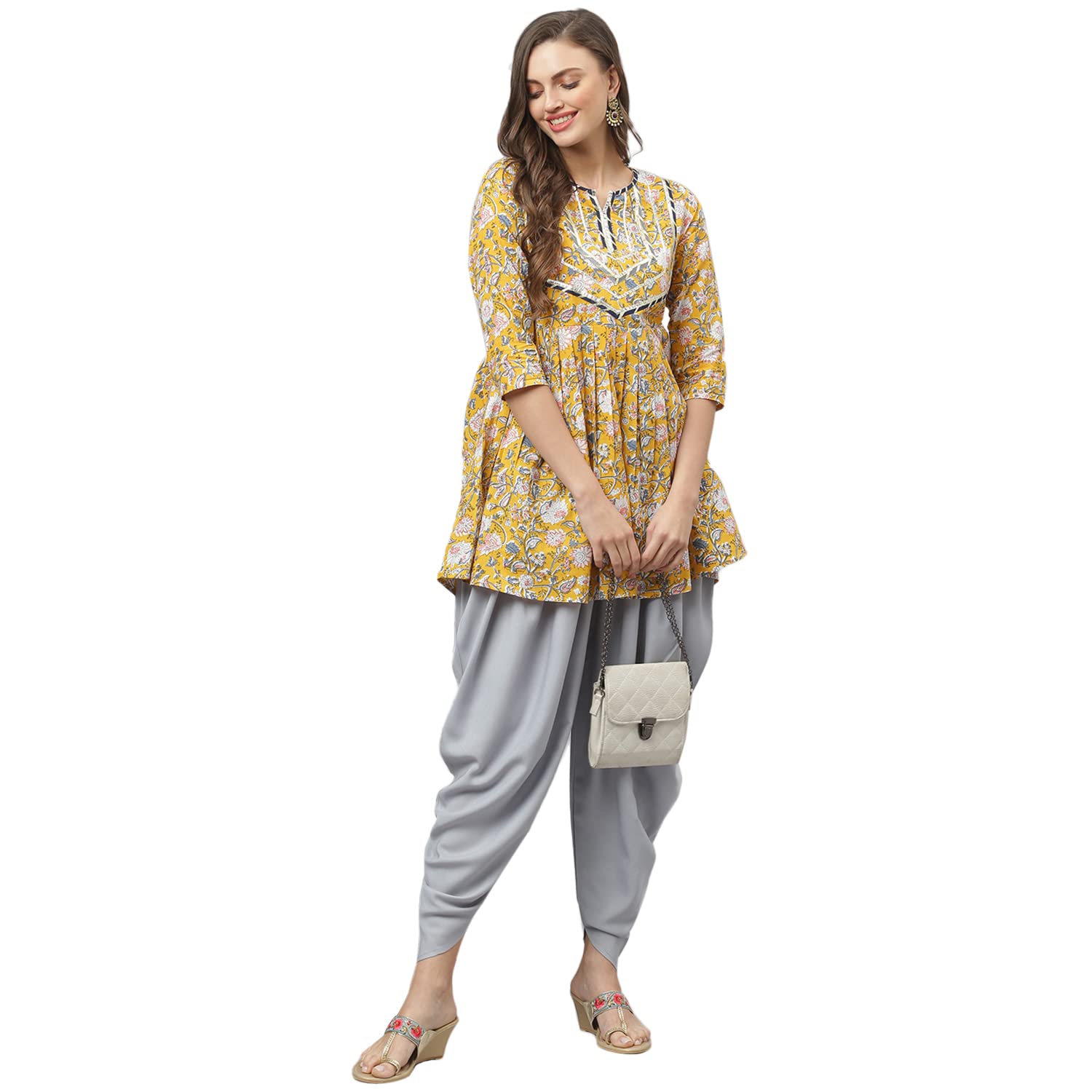 Stylum Women's Floral Printed Cotton Pleated Kurta Dhoti Pant Set (Kdmustimara44_Mustard, Xxl)