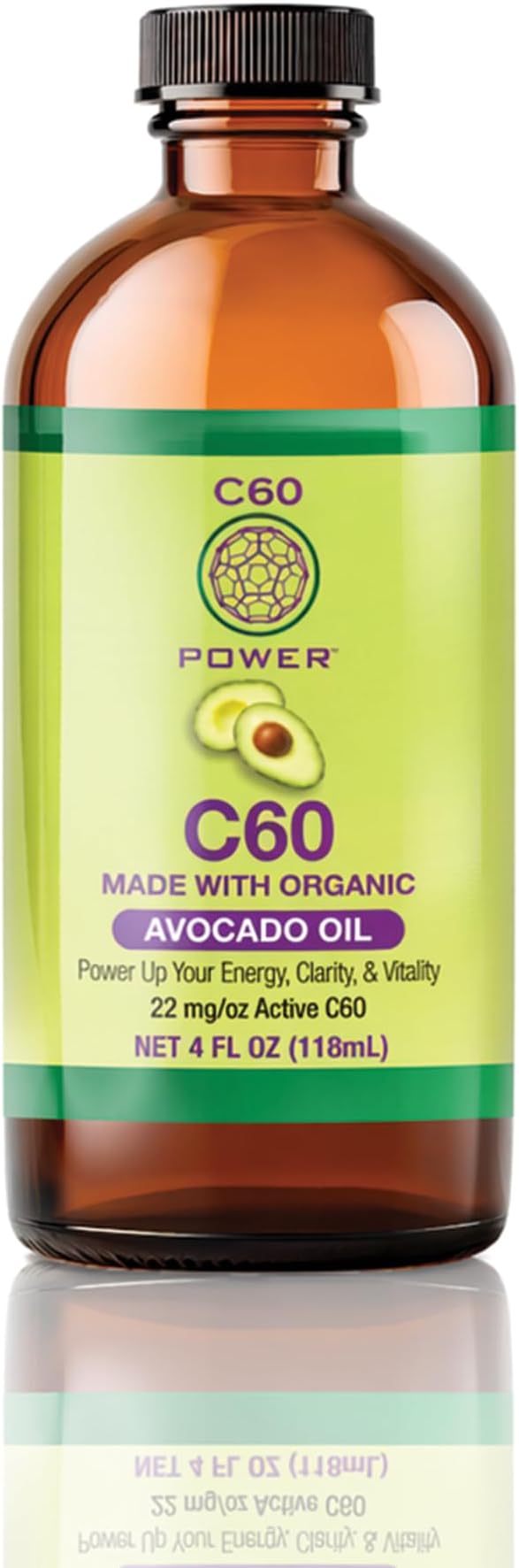 C60 Power C60 in Organic Avocado Oil - Natural Wellness & Antioxidant Support for Men & Women, 99.99% Pure Carbon Fullerenes, Promotes Energy, Mental Clarity, & Stamina - 4 fl oz Bottle