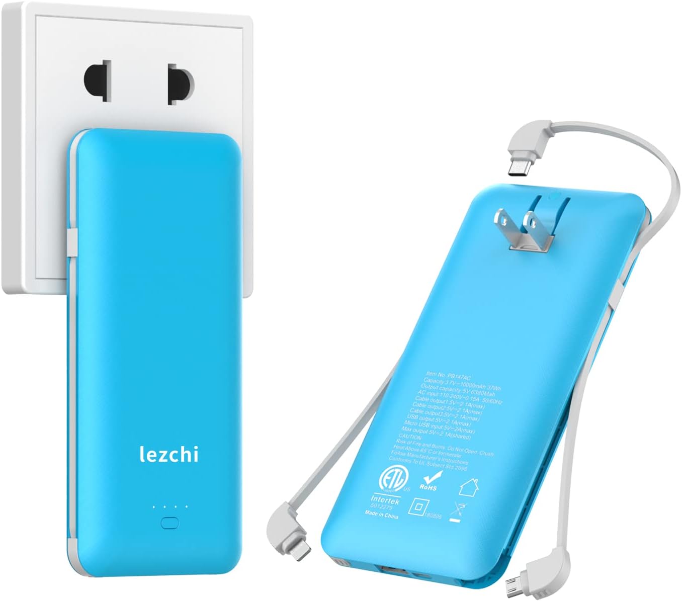 10000mAh Portable Charger,Slim USB C Power Bank,4 Output Extenal Battery Pack Phone Charger with Built-in Three Cables AC Wall Plug Compatible with All mobilephone …