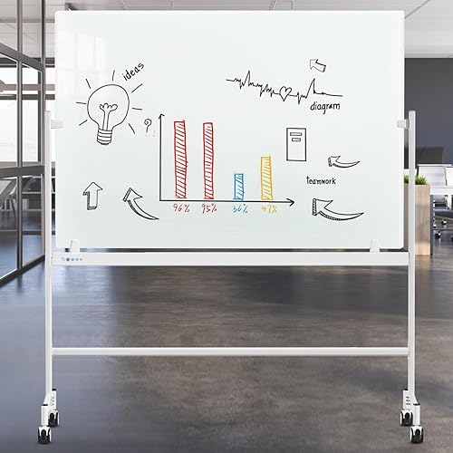 Miniatura 4 de Pizarra móvil de borrado en seco de vidrio con soporte rodante, 48 x 36 pulgadas, pizarra magnética móvil de vidrio grande sobre ruedas, incluye 4