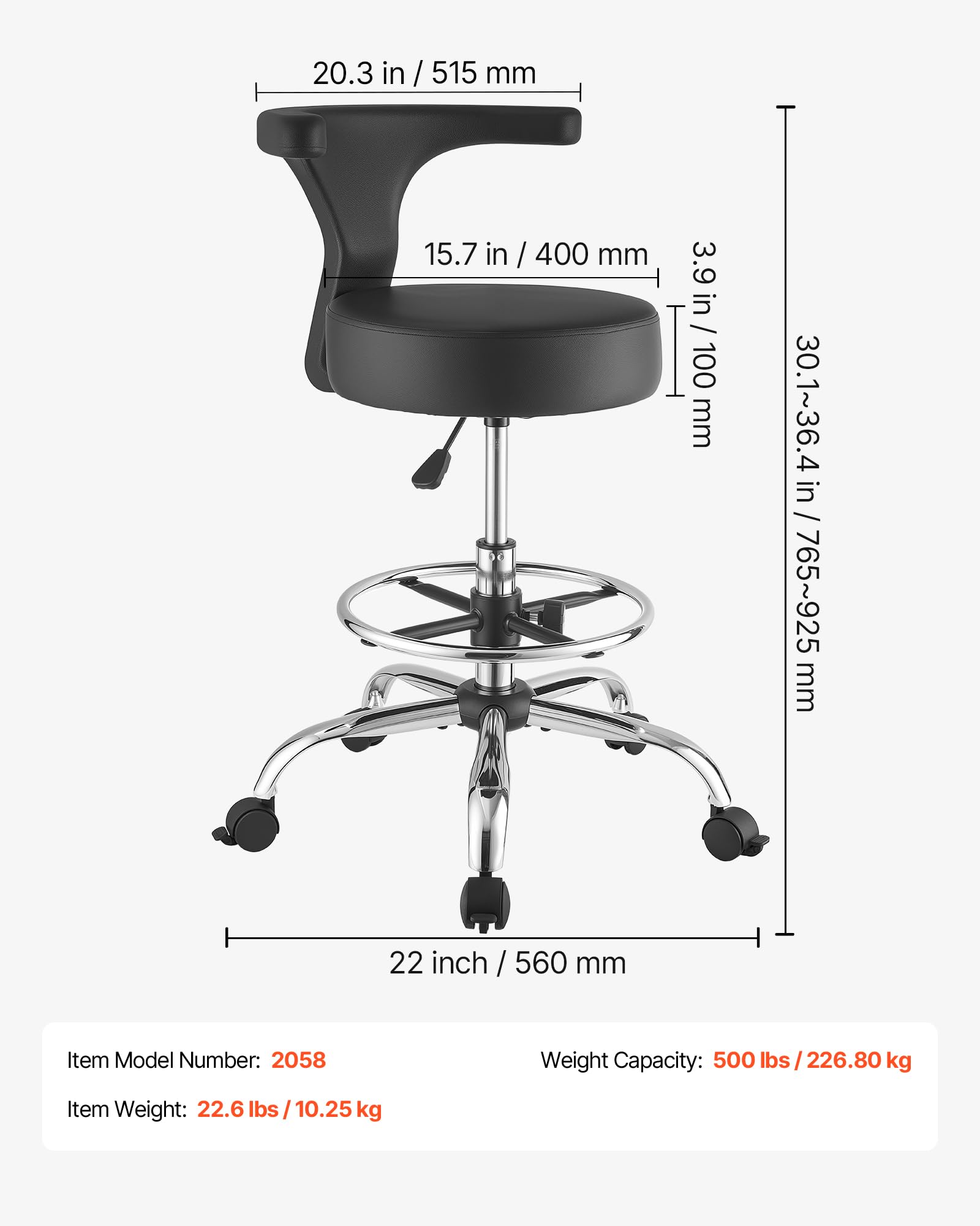 VEVOR Rollhocker 226,8 kg, Arbeitshocker Höhenverstellbar, mit Rückenlehne & Ergonomischem Sitz aus PU-Leder, 360° Drehbar, Ideal für Zahnarztpraxen, Kosmetikstudios & Kliniken, Schwarz