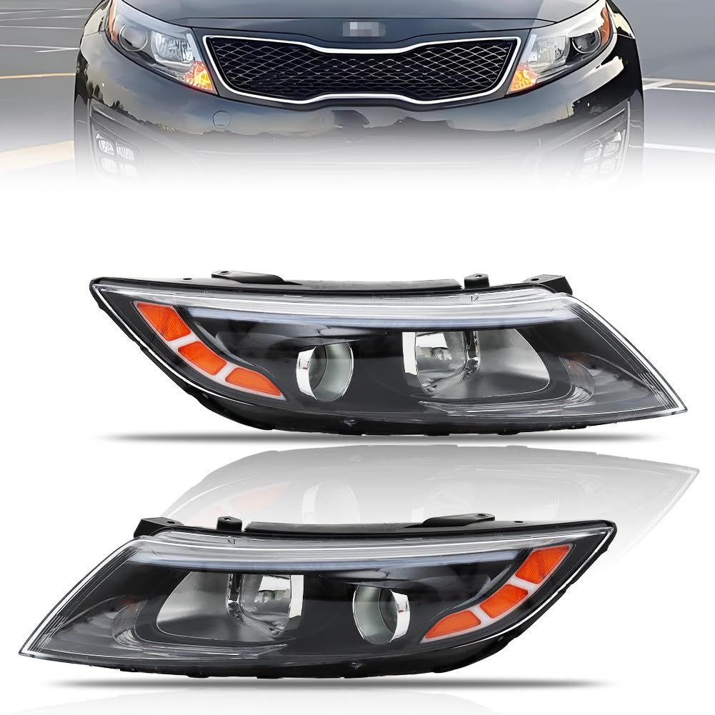 Headlights Assembly for 2014 2015 Ki-a Optima, [8-Pin & 10-Pin Plug Universal Fit] Driver & Passenger side Halogen Headlamp with Bulbs Clear Lens Black Housing Amber Reflector, 1 Pair
