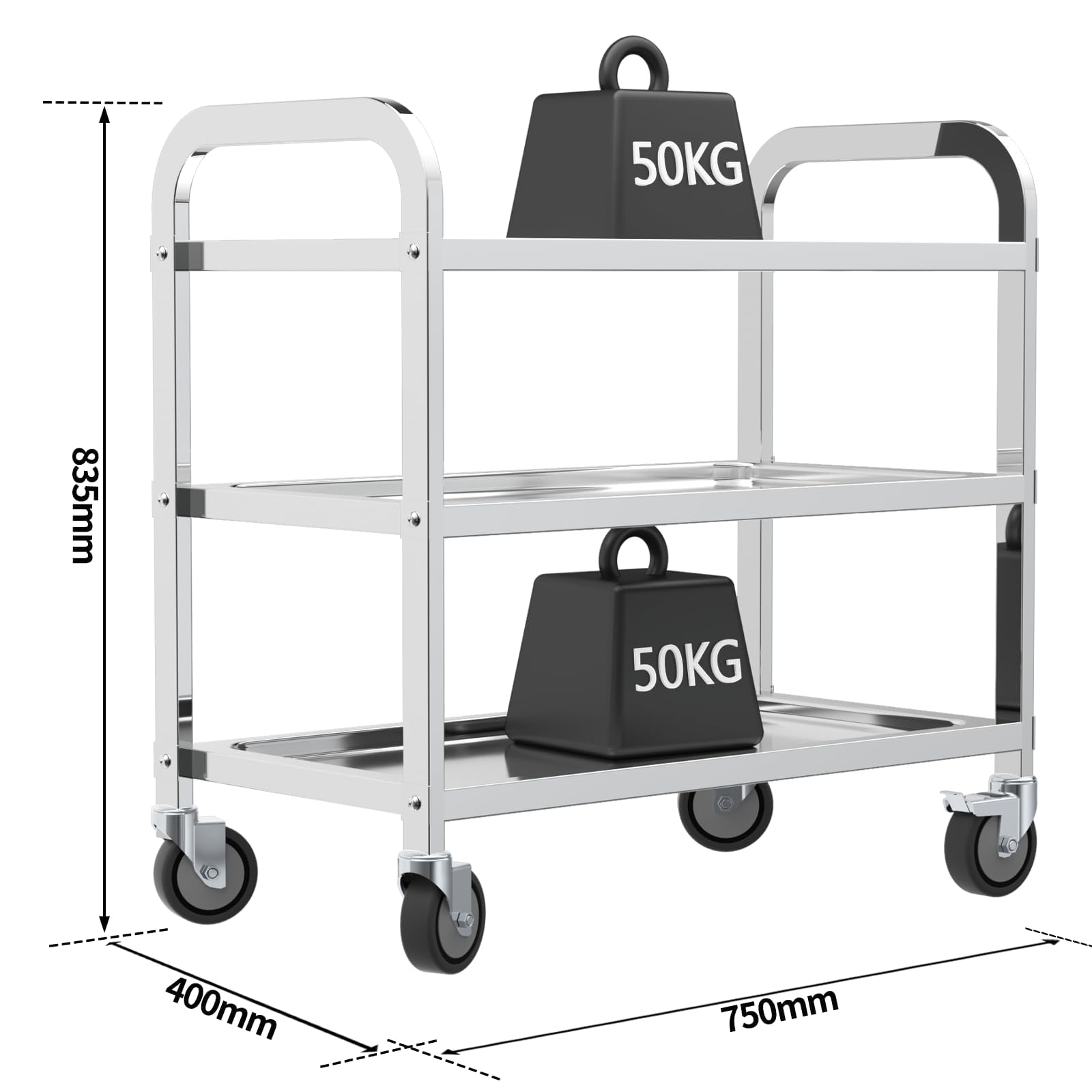 TAIMIKO Grand Chariot Utilitaire en Acier Inoxydable à 3 Niveaux avec Roues verrouillables, Garage, Restaurants, hôtels (750 x 400 x 835 mm, 3 Niveaux)