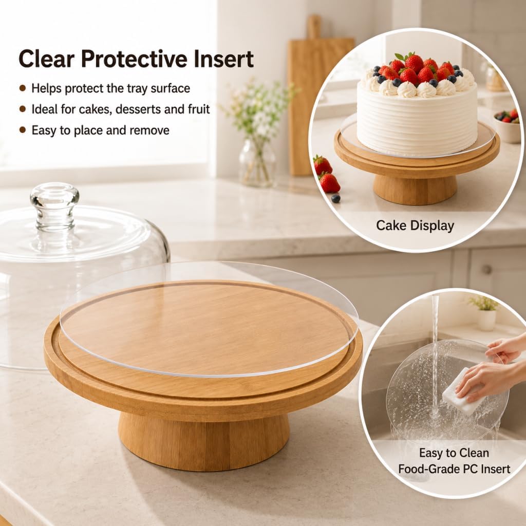 Bamboo Cake Stand with Lid,11.4" Wood Cake Stand with Acrylic Dome,Multiuse Cake Holder with Magnetic Base, 6-in-1 Cake Plate Display Stand with Cover for Baking Gifts/Birthday/Kitchen/Weddings