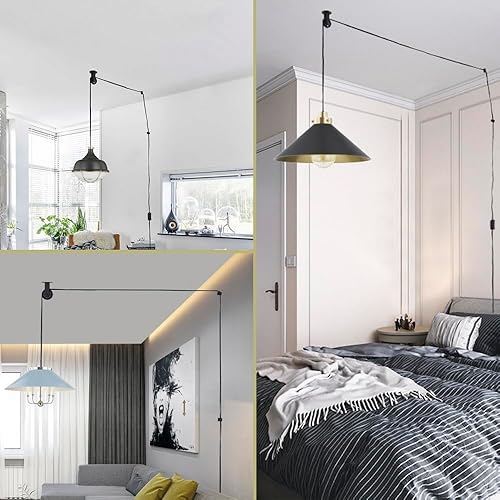 Miniatura 8 de Rueda de polea negra para enchufar lámpara colgante, gancho para iluminación colgante, cable de luces de techo de araña de pared, gancho de polea