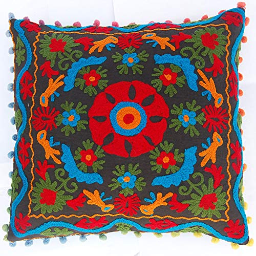 Traditional Jaipur Boho Throw Suzani almohada, fundas de cojín bordadas de 40,6 cm x 16, funda de almohada decorativa, cojín con pompones indios para exteriores, fundas de almohada bohemias Cover
