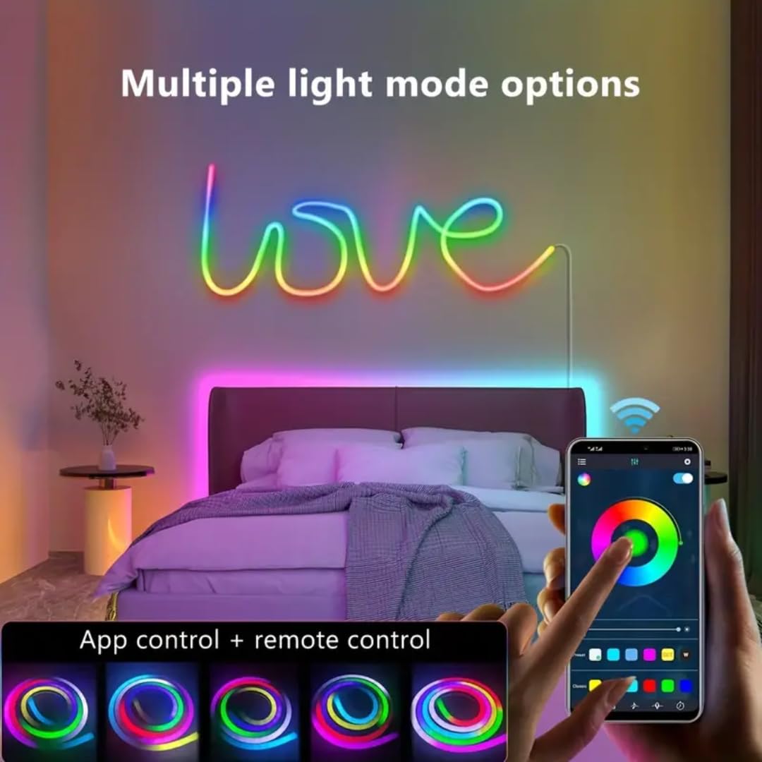 2,4 m USB-LED-Neon-Lichterkette, intelligenter RGB-IC-LED-Lichtstreifen für Schlafzimmer, Musik-Synchronisation, LED-Neonlichtstreifen, App und kabellose Fernbedienung mit 24 Tasten,