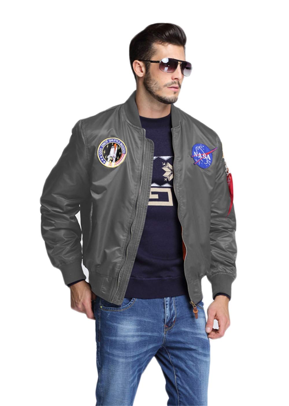 CORIRESHA Mens NASA Embroidery Badge Slim Fit Bomber Jackets Zipper Windbreaker