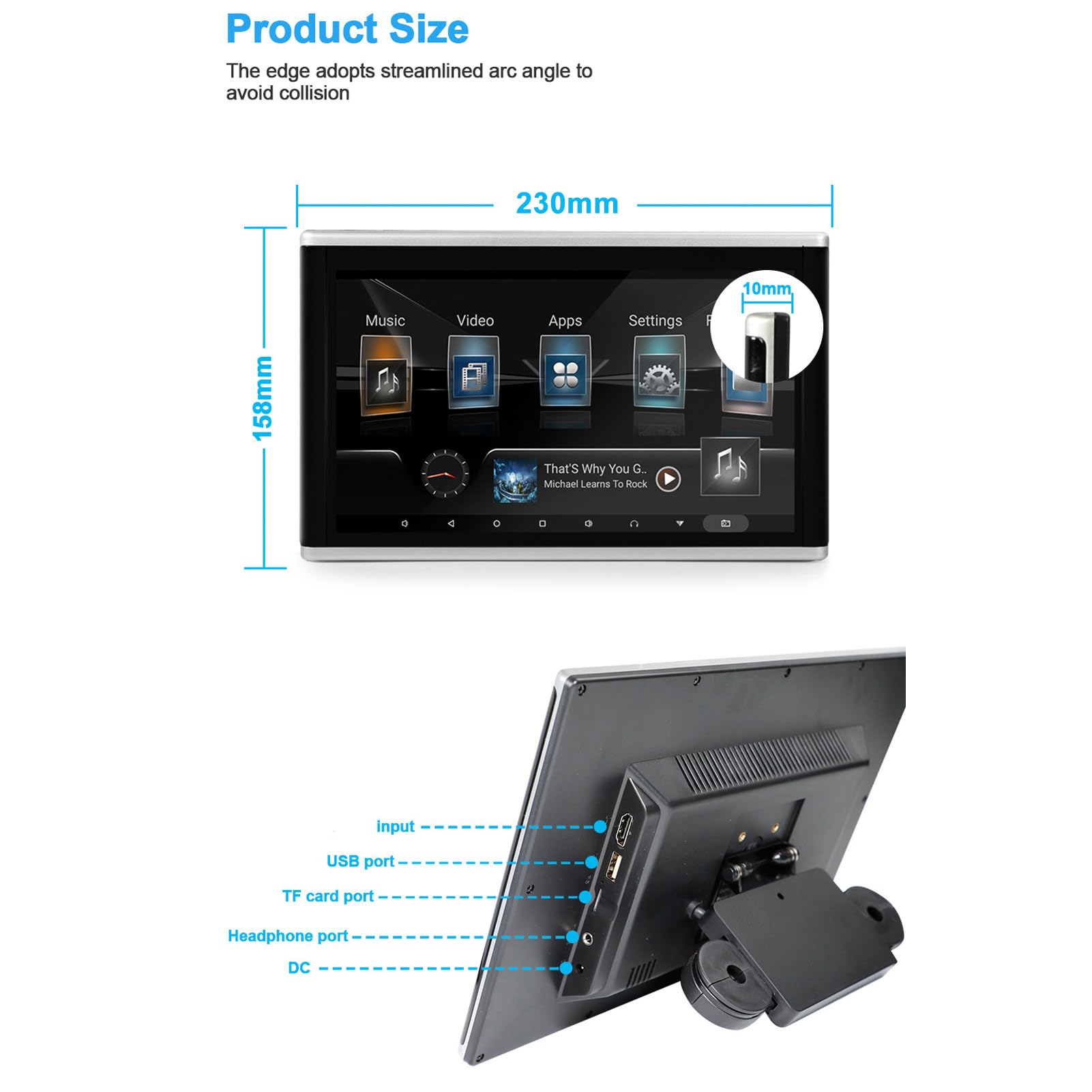 Lecteur Vidéo pour Appui-tête de Voiture 9 Pouces, écran IPS 9 Pouces, Support TV, écran Tactile HD 1920 X 1200 IPS, Bluetooth 32 Go, avec émetteur FM Miracast Airplay, p