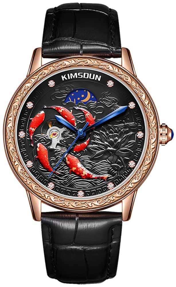 GosasaCreative Men's Watch Koi Carved Automatic Mechanical Leather Strap Fashion Watch Moon Phase Star Diamond Waterproof Luxury Business Male Wristwatch