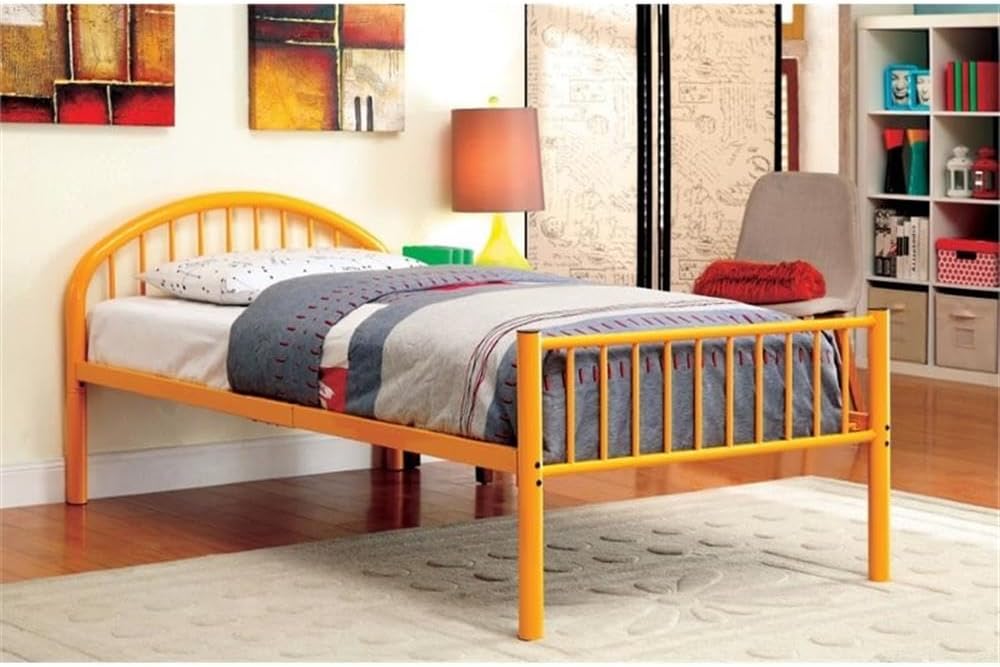 BOWERY HILL Contemporary Full Panel Metal Slat Bed, 78.75" L x 57" W x 36.75" H, Steel Construction, Orange Finish, Arching Headboard and Flat Slatted Footboard, Mattress-Ready Kids Room Bed