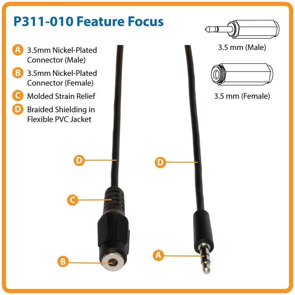 Tripp Lite 3.5mm Mini Stereo Audio Extension Cable for Speakers and Headphones (M/F), 6-ft.(P311-006) BLACK : Electronics
