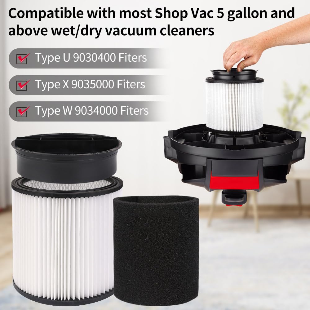 90304 - Filtri di ricambio HEPA con coperchio, compatibili con aspirapolvere Shop-Vac Shop Vac 90304, 90350, 90333, 903-04-00, 9030400, 90585 da 5 galloni e oltre, confezione da 2