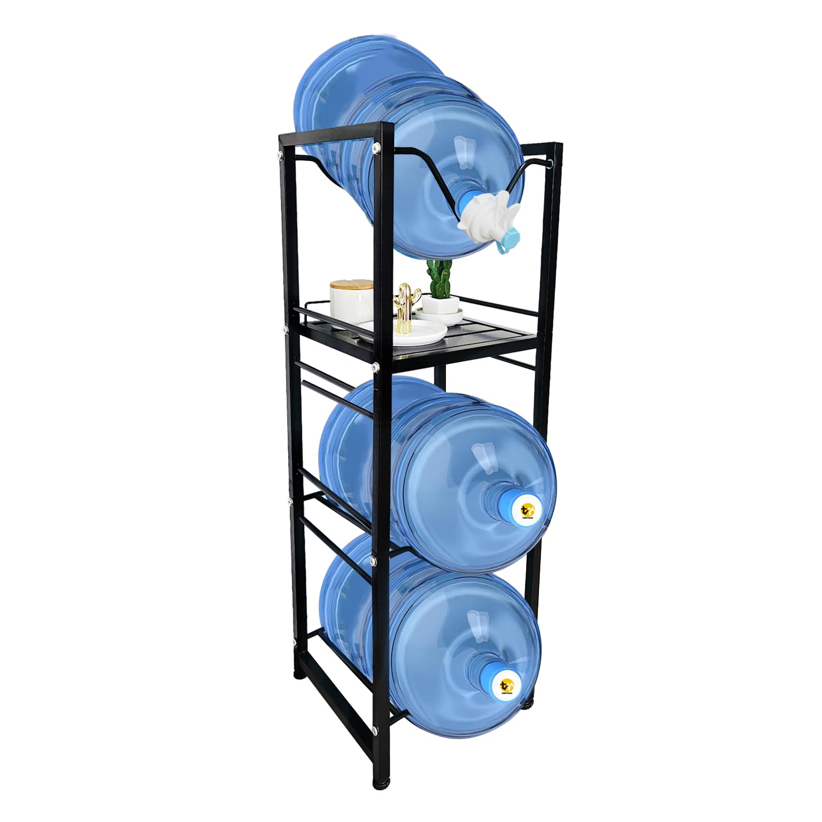 THRIFTYRACK 5 Gallon Water Jug Holder with 3-Tier Storage Shelves - Heavy Duty Stand with Fast Flow Spout - Fits 55mm Water Bottle - For Kitchen,