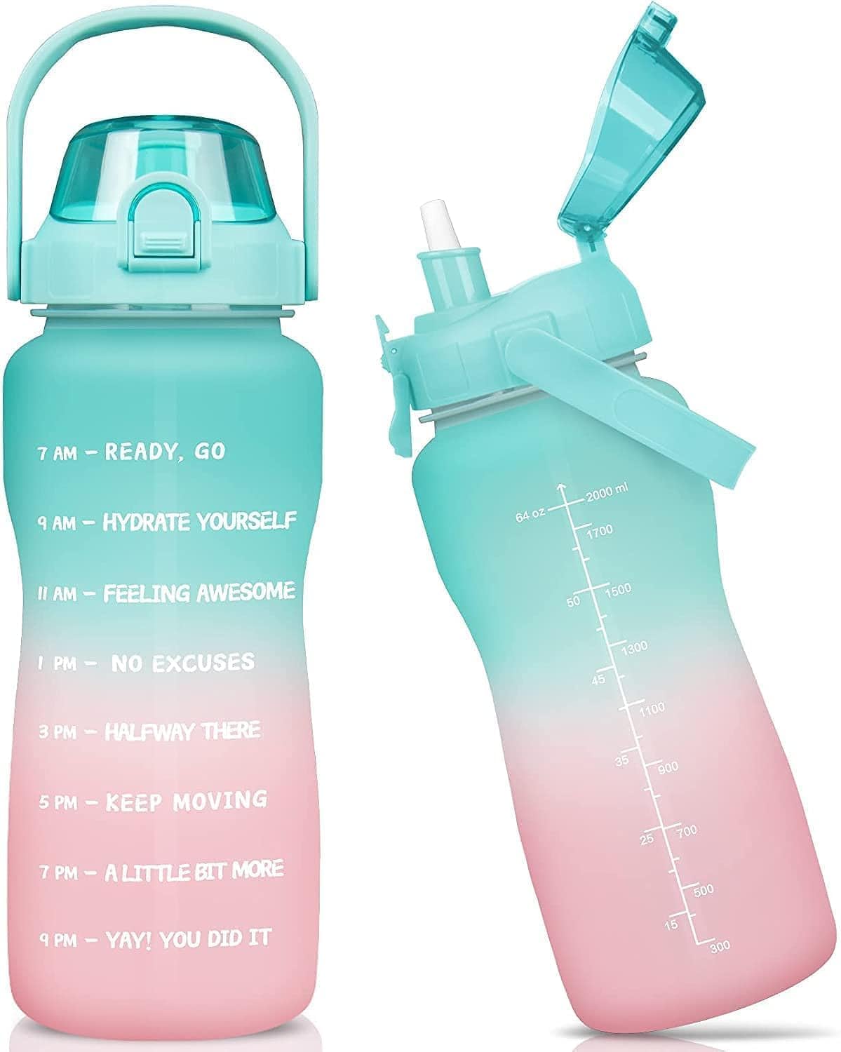 Motivational Sports Water Bottle 64oz 2.2L BPA-Free, Leak-Proof, Impact-Resistant, Tritan with Time Marker, Wide Mouth, Straw, Carry Handle, Full Day Hydration, Ideal for Gym, Fitness and Outdoors