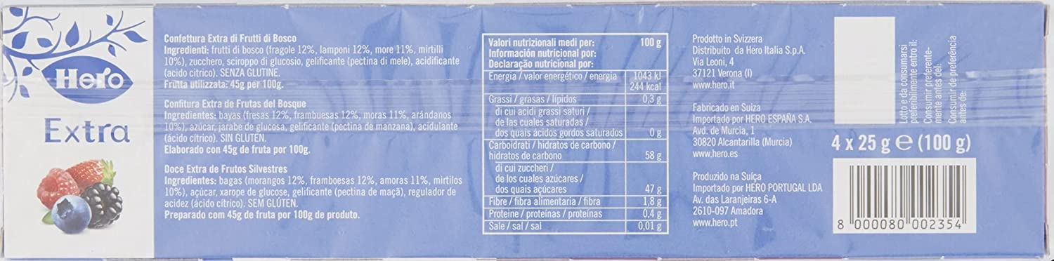 Hero Poker Wild Berries Jam, 30 paquetes de 100 g (4 dosis individuales x 25 g), mermelada y mermelada, fruta de alta calidad, sin conservantes y sin colorantes