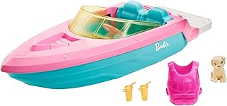 Barbie Boat with Puppy and Themed Accessories, Fits 3 Dolls, Floats in Water, Great Gift for 3 to 7 Year Olds (GRG29)