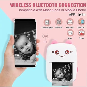 Mini Printer Portable,Mobile Photo Printer,Portable Mini Photo Printer,Wireless Photo Printer,Thermal Printer,Smartphone Bluetooth Printer (Pink)