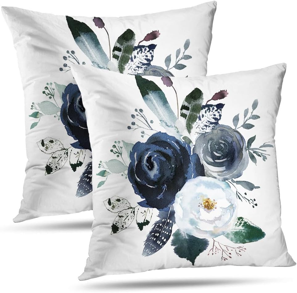 GALMAXS7 Decorative Throw Pillow Covers Farmhouse Velvet Pillow Covers Watercolor Floral Wreath Roses Peonies Leaves Boho Grey Navy White Indigo Blue Cushion Covers Sofa Bed Décor 18X18 inch Set of 2