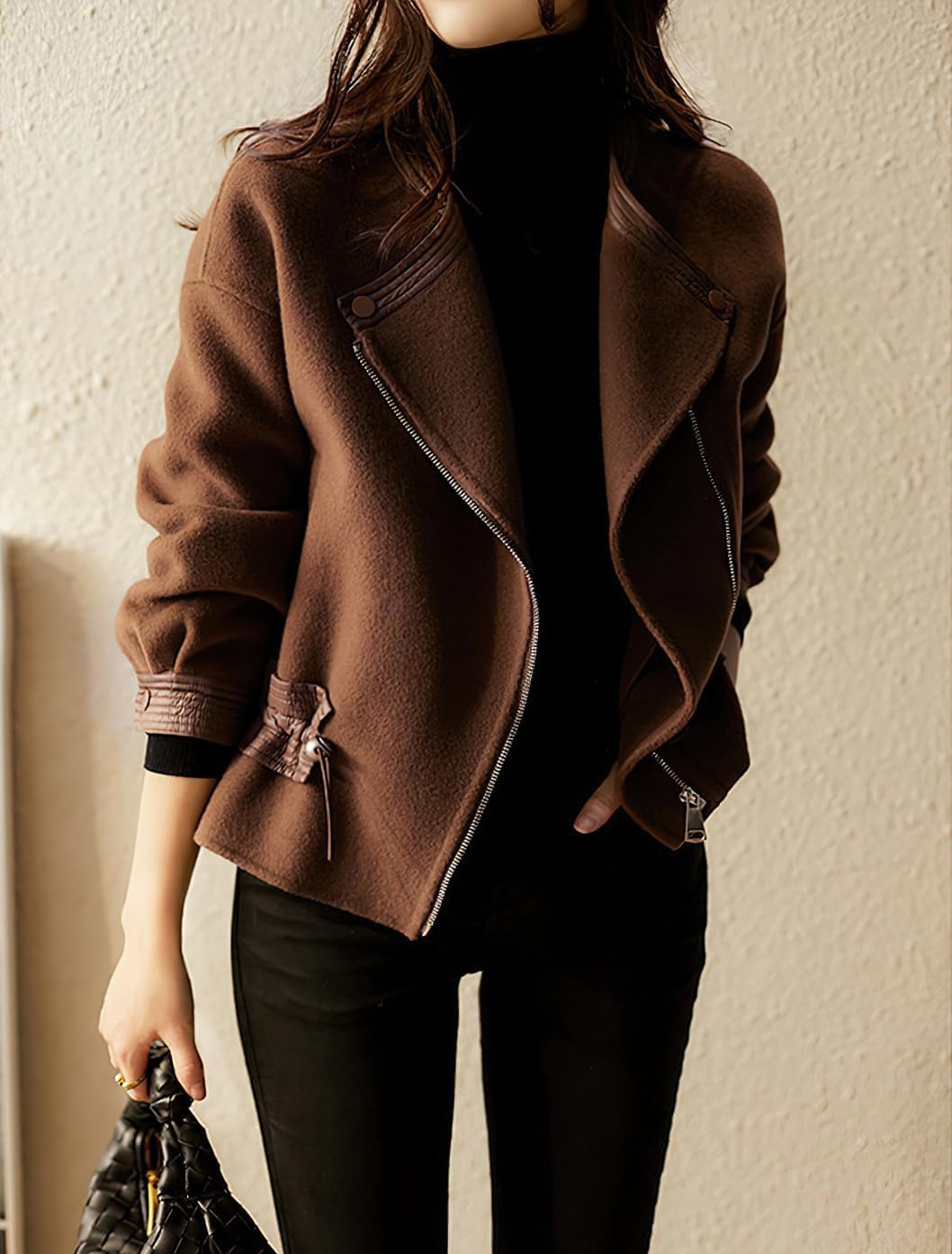 Giacca da Donna in Tweed con Risvolto con Coulisse in Vita alla Moda Giacca Cardigan con Cerniera Casual Elegante Giacca Corta Senza Colletto da Ufficio