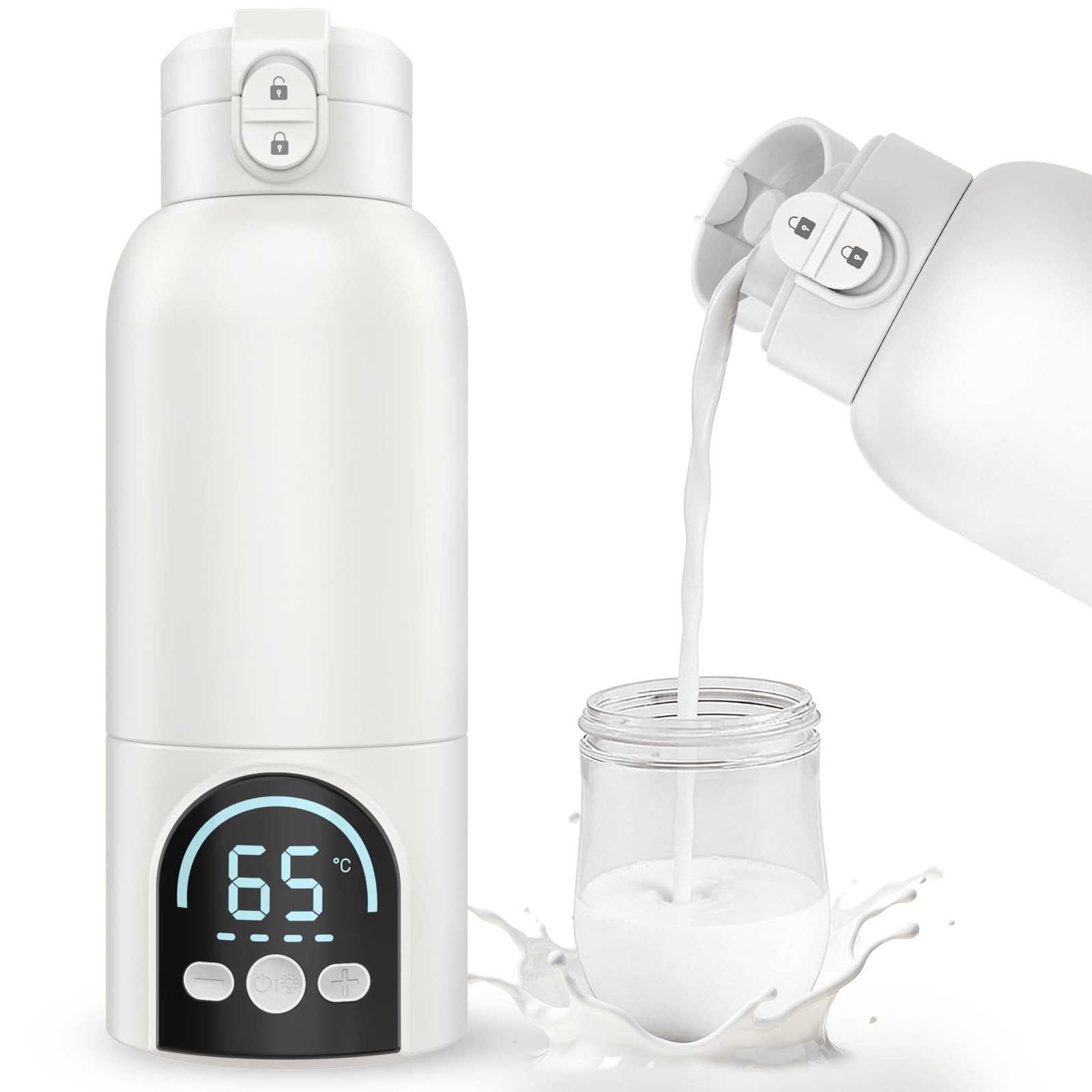 Calienta Biberones Portatil para Viaje, Calentamiento Rápido y Larga Duración de Batería 12000mAh, Capacidad de 500ml Calentador Biberones para Leche Materna y Agua (Blanco)