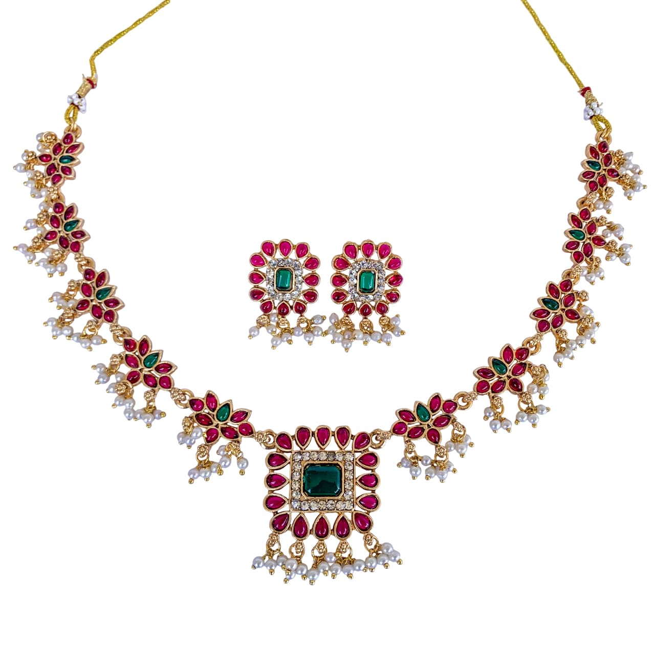 zytoon Traditional Indian Jewellery Set with Ruby Pink and Emerald Green Stones, Pearl Drops, Gold-Toned Necklace and Earrings-picture-23
