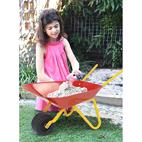 HOMGX Kids Wheelbarrow, Outdoor Kids Toy Wheelbarrow w/Steel Tray and Rubber Hand Grips, Durable Metal Construction Child Barrow, Toddler Size Garden Wheel Barrel (Red)