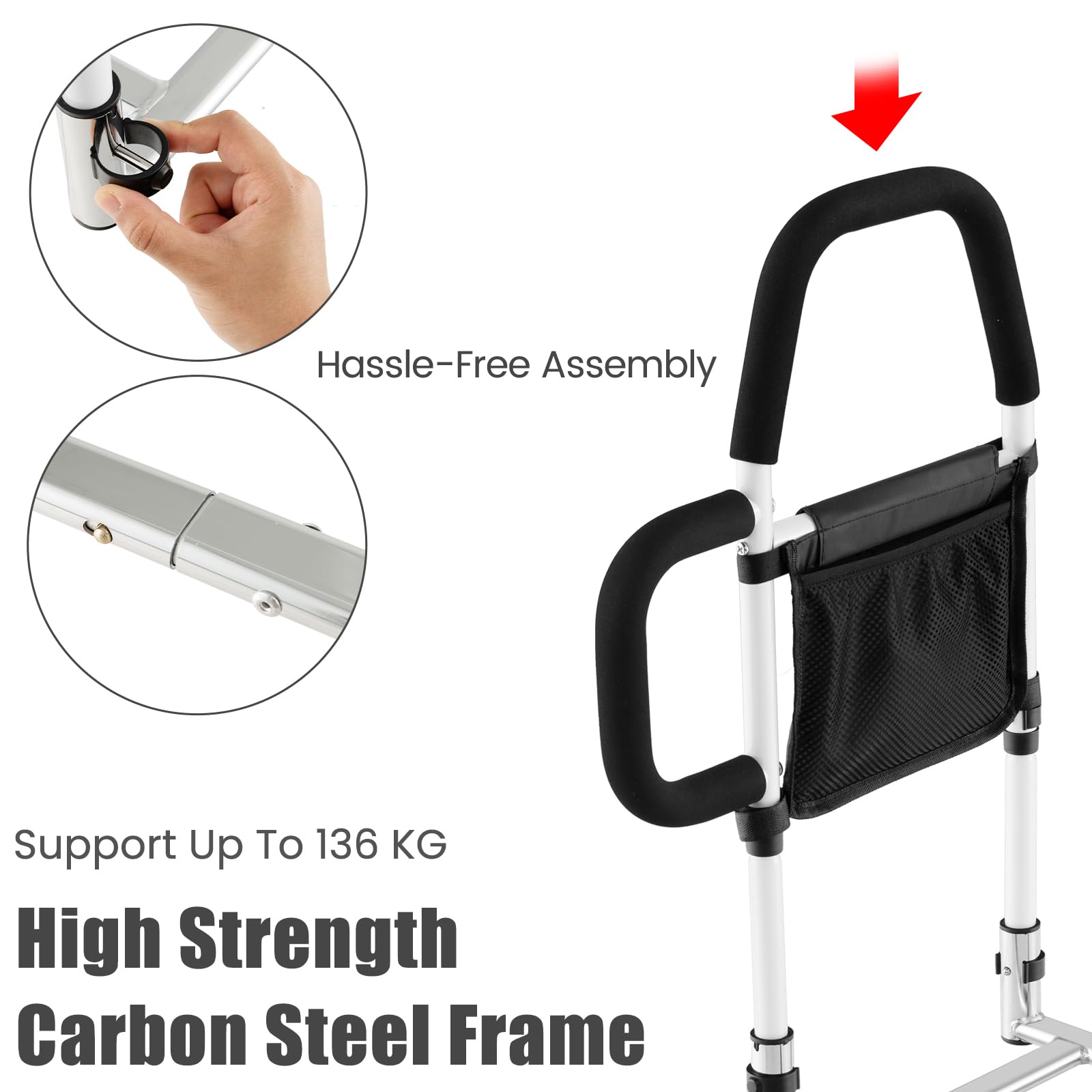 HOMASIS Sponda Letto Anziani, Sbarra Letto Anziani con Cinghia di Sicurezza e Borsa di Stoccaggio, Barriera per Letto in Metallo per Persone Disabili, Bambini, Portata 136 kg, Adatto a Varie Letto