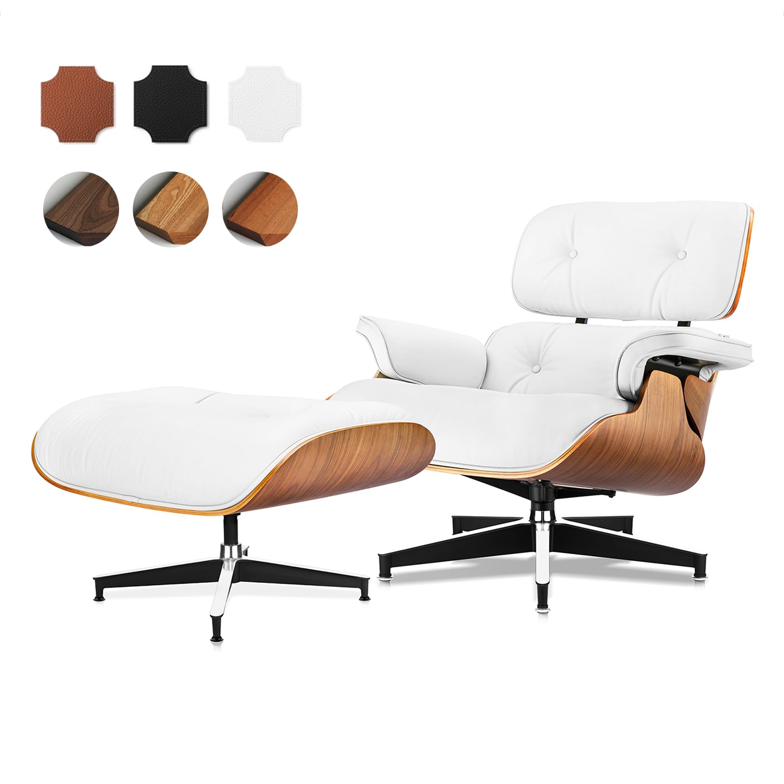 Top Grain Leather, Mid Century Chaise Lounge Chair and Ottoman, Modern Chair Classic Design, Heavy Duty Base Support for Living Room Study Lounge Office, Walnut-White, Heightening