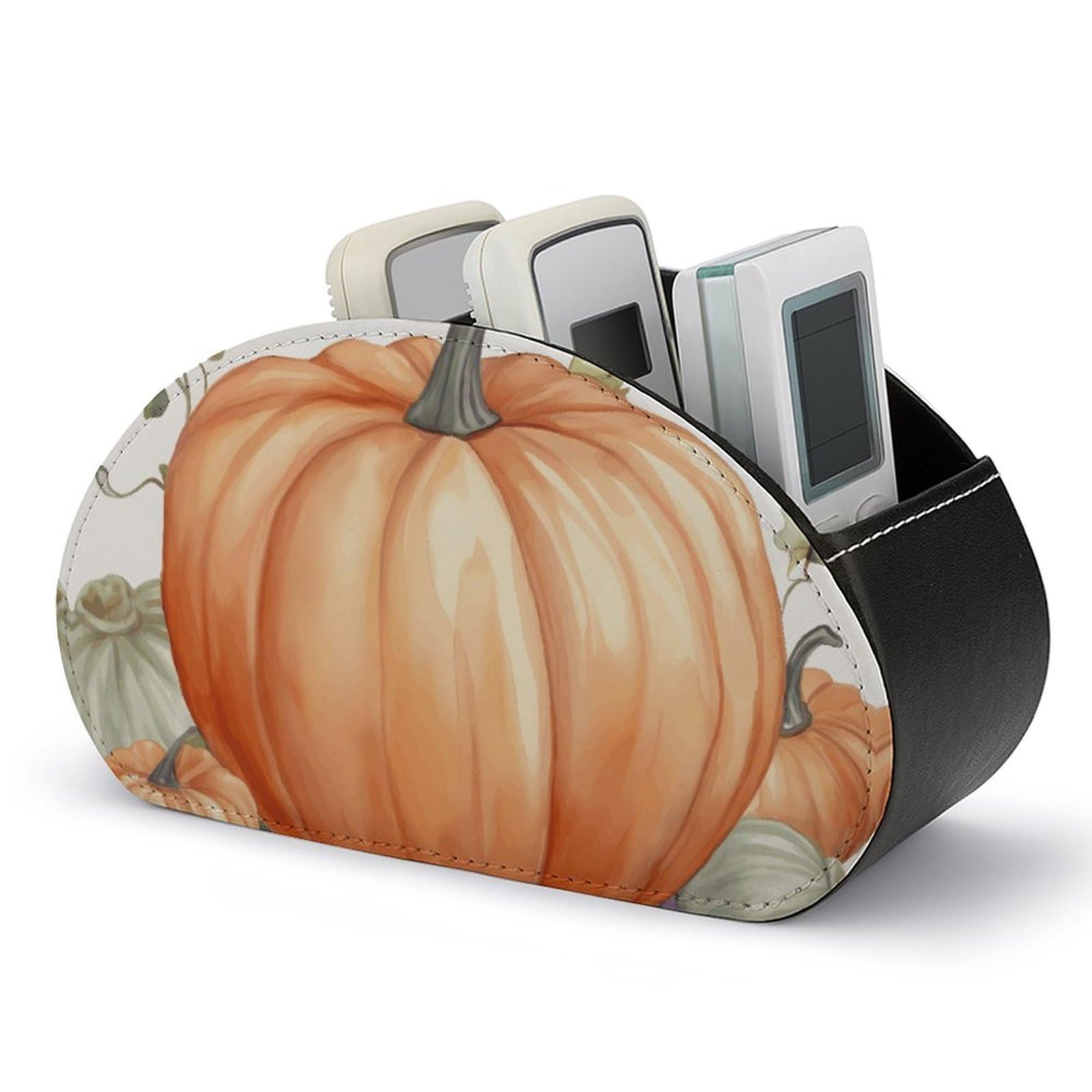 VstaDank Fall Watercolor Pumpkins Remote Control Holder with 5 Compartments PU Leather Remote Caddy Desktop Organizer Store TV Remote Control Storage Box for Home Office Desk Nightstand