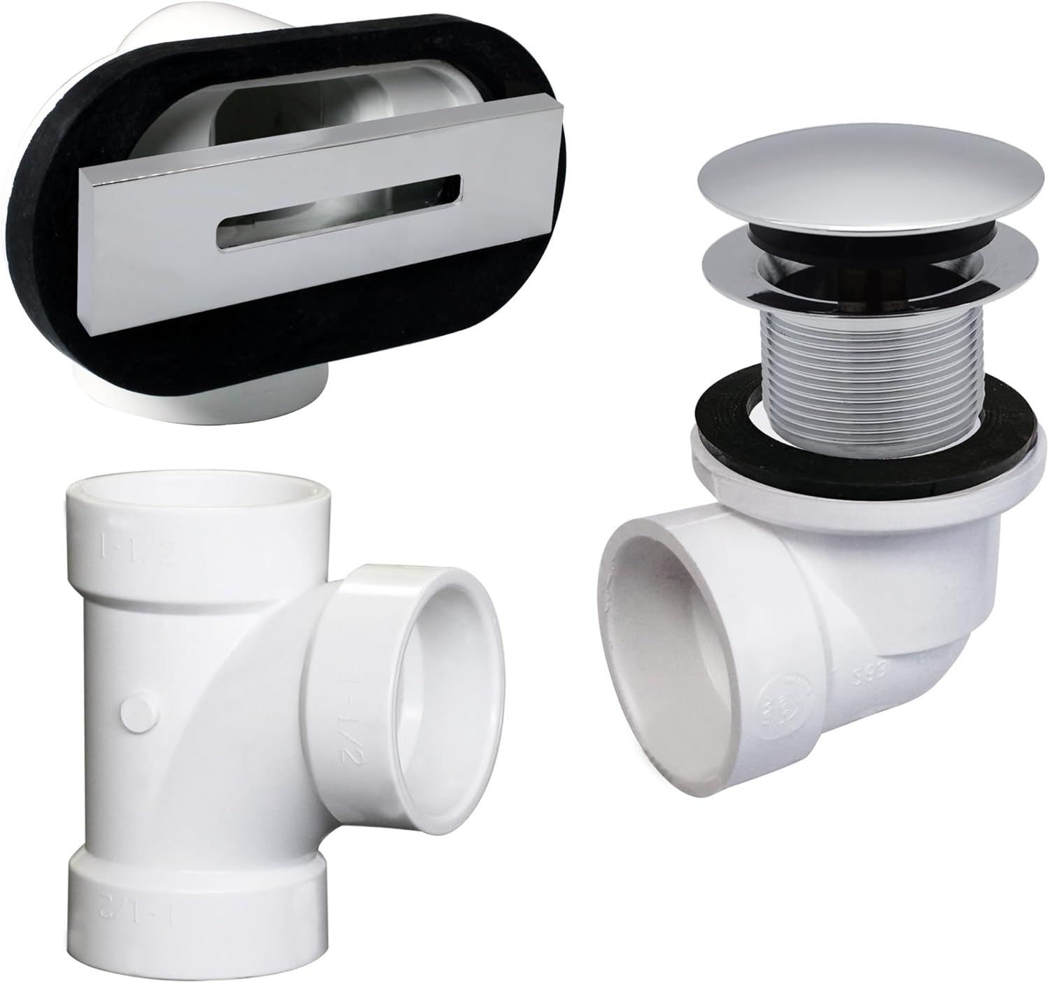 Westbrass D560RK-26 SCH. 40 PVC 1-1/2" Coarse Thread Plumber's Pack Tip-Toe Bathtub Drain Plug with Linear Overflow Faceplate, Tee & Elbows, Polished Chrome