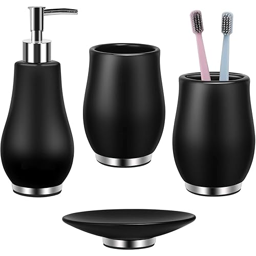 Bathroom Accessories Set 4 Pcs Toothbrush Holder Soap Dispenser Ceramic Bathroom Accessory Set with Toothbrush Cup Soap Dish Tumbler Black