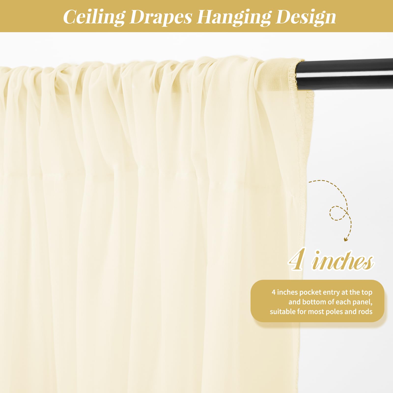 Kit Tende Da Soffitto Per Matrimoni | 6 Pannelli In Chiffon Bianco 1,5x4,6m Con Anelli E Catene - 4