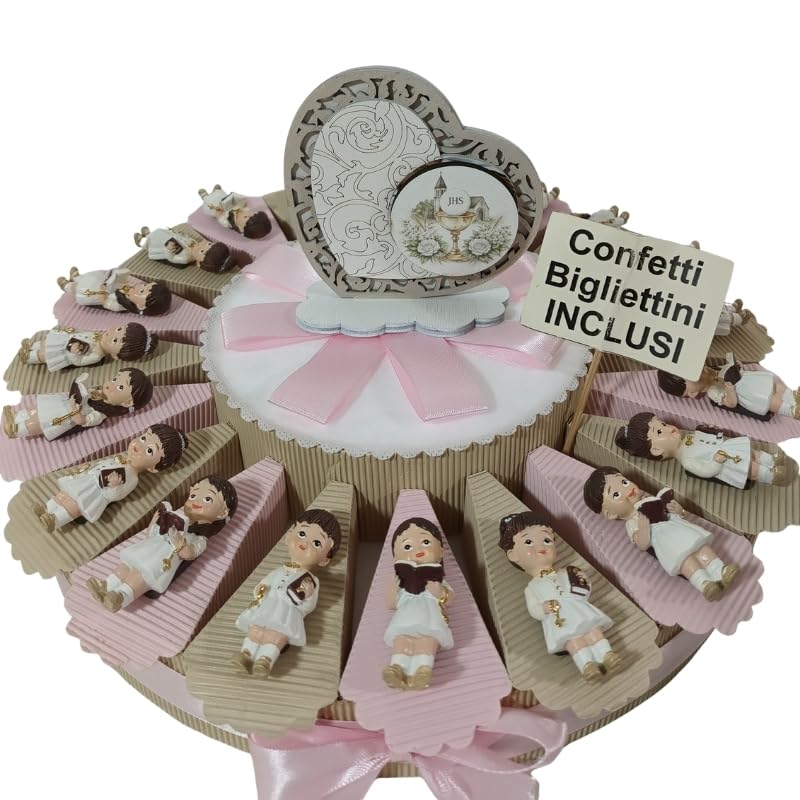 Sindy Bomboniere, Torta bomboniere Comunione femmina calamite ragazza 5 cm confetti e bigliettini (Torta 20 fette femmina)