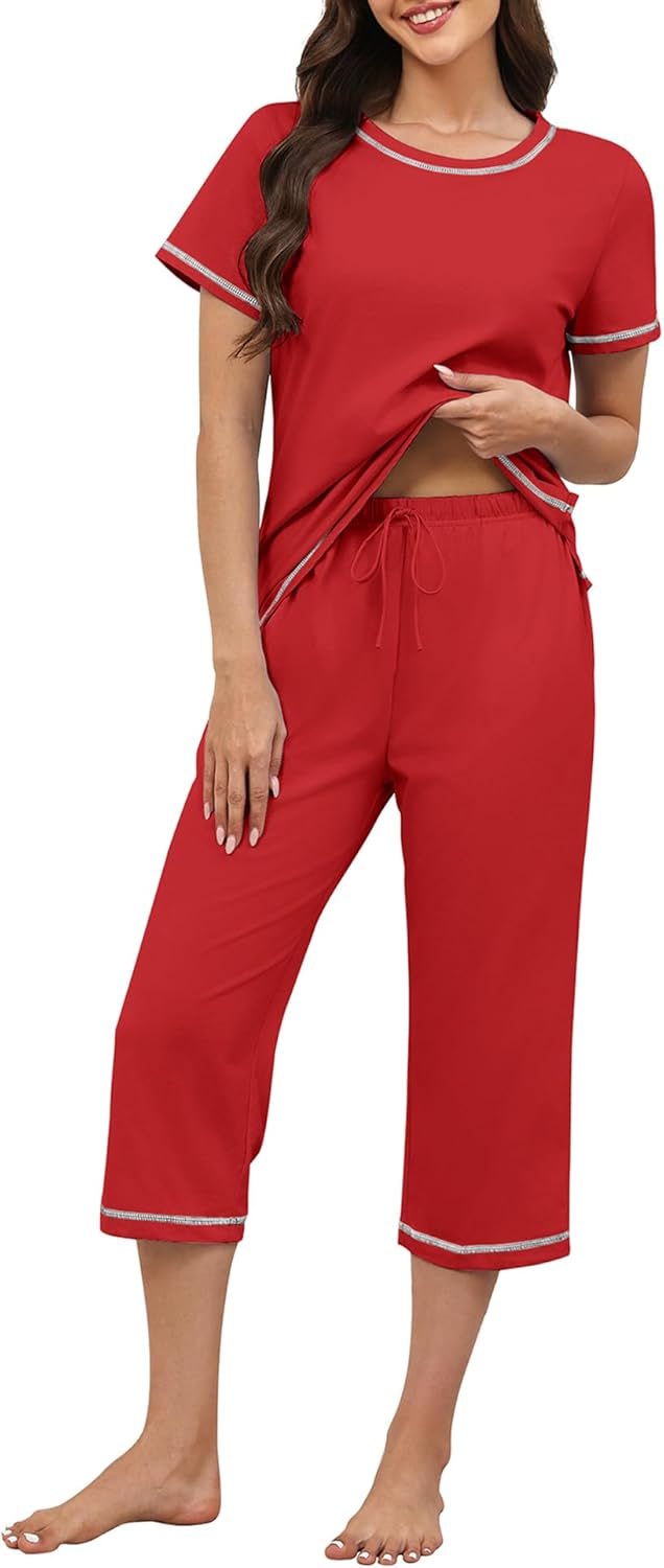 KCW Womens Pajama Sets 100% Cotton Pjs Set Short Sleeve Tops and Capri Pants 2 Piece Lounge Set with Pockets S-XXL