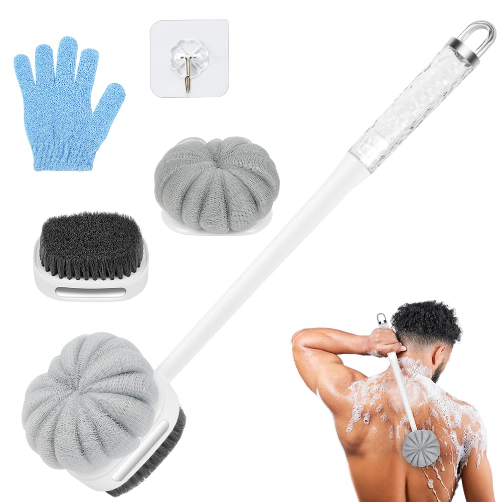 LOPHE Body Scrubber for Shower Loofah Bath Sponge, Double Sided Back Scrubber with Long Handle