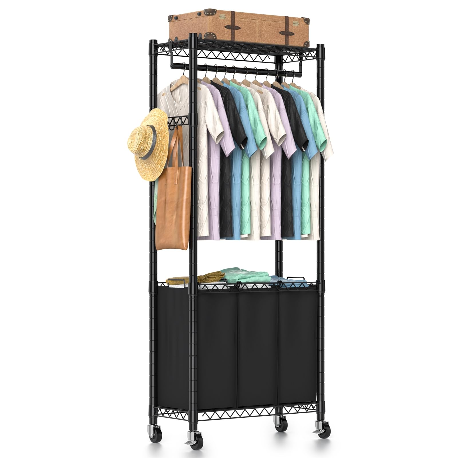 Rolling Laundry Basket Organizer with Wheels and Hanging Bar, Laundry Hamper Cart Laundry Sorter 3 Section, Dirty Clothes Hampers for Laundry Bedroom Bathroom w/ 3 Removeable Bags, Black