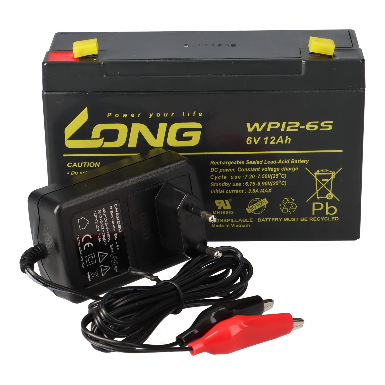 AGM Blei Akku Batterie 6V 12Ah + Ladegerät Set