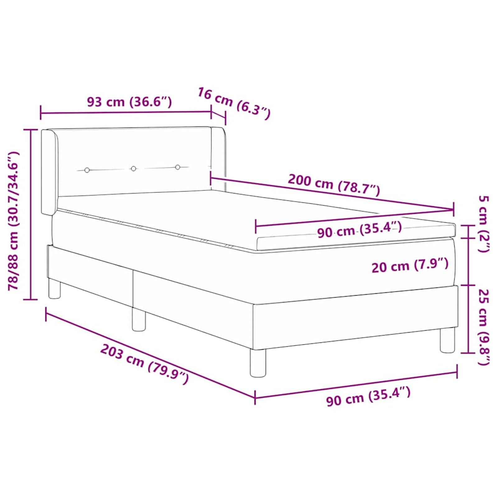 Łóżko kontynentalne z materacem 200 x 90 cm, ciemnoszare, średnio twarde, materac z pianki kieszeniowej, regulowany zagłówek, oddychający, do łóżka pojedynczego, w zestawie stelaż i zagłówek