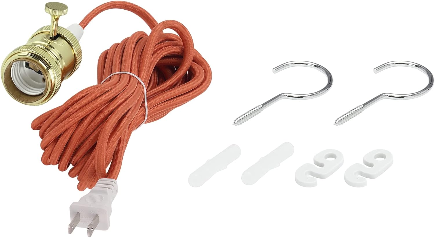 Aspen Creative 21007-3A, 1-Light Plug-in Vintage Style Hanging Socket Pendant Fixture with Polished Brass Socket and 20 feet of Orange Textile Cord and On/Off Switch