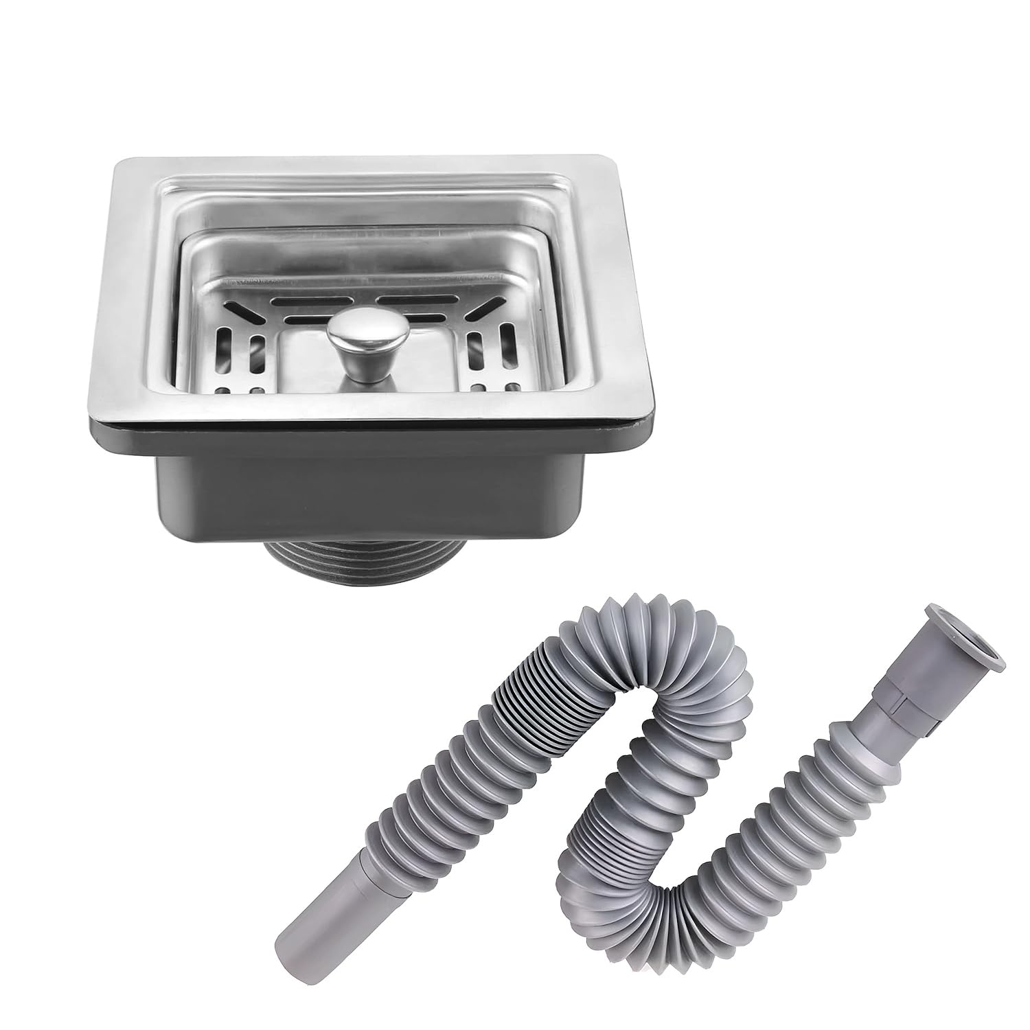 Hardstone Silver Sink 4.5 Inches Coupling With 36 Inches Basin Pipe - Stainless Steel Square Drainer Combo | Stainless Steel Coupling for Kitchen Sink Easy Installation Flexible