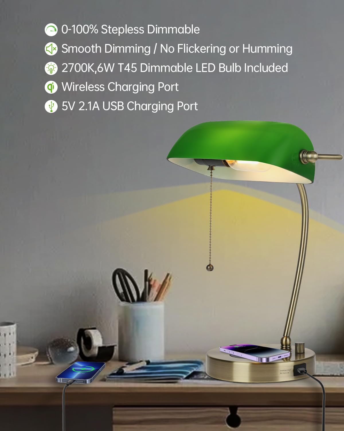 Bankers Schreibtischlampe aus grünem Glas | kabellosem Ladegerät,USB-Ladeanschluss Heimbüro stufenlos dimmbare Tischlampe,LED-Leuchtmittel im Lieferumfang enthalten