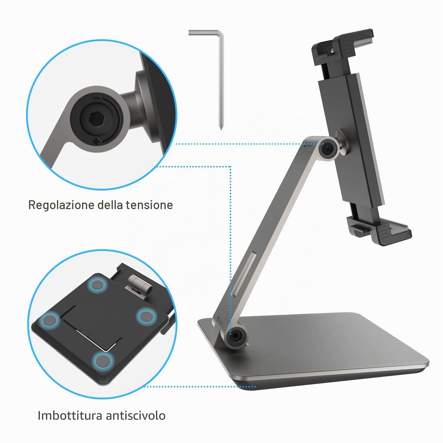Supporto per Tablet, Regolabile Rubusto e Resistente Alluminio Supporto, 360° Girevole Pieghevole Metallo Porta, Adatto per iPad, Samsung Tab, Kindle (4,7-13") (Grigio)