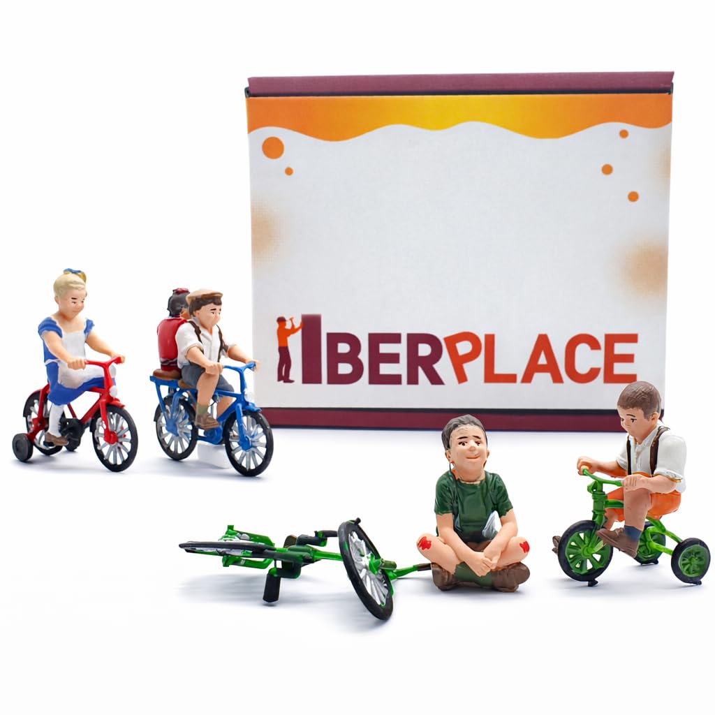 40037 Dzieci z rowerami tor G 1:22,5 – figurki modelowe/miniaturowe figurki do kolejki ogrodowej i dioramy, scena z 4 dziećmi, rowery i przerwa/moment wypadku