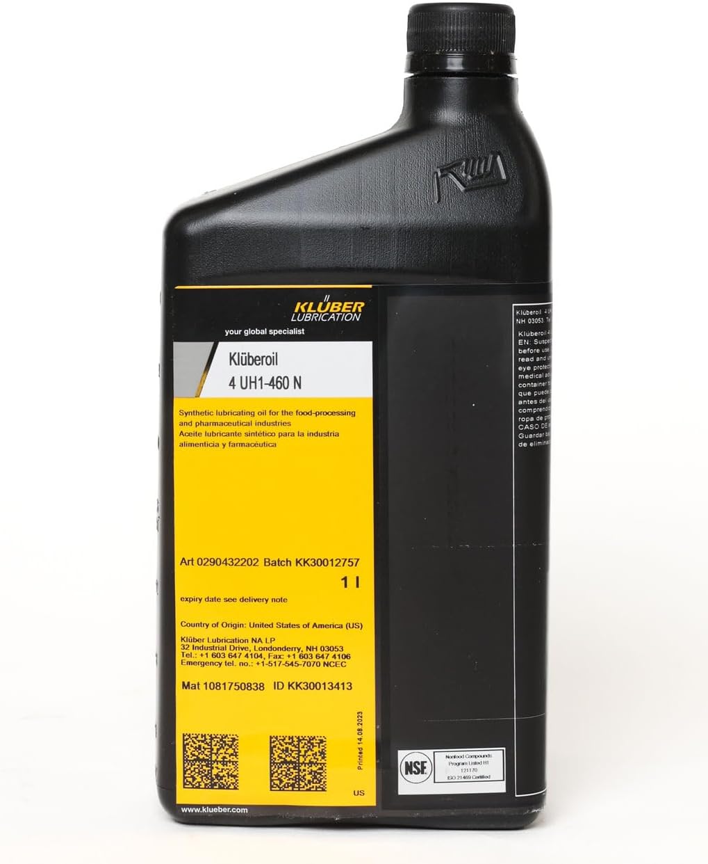 Kluberoil 4 UH1-460 N Food Grade Gear Oil for Spur-Bevel-Worm Gears-Bearings-Spindles-Joints-Lifting-Drive-Transport Chains 1 Liter Bottle